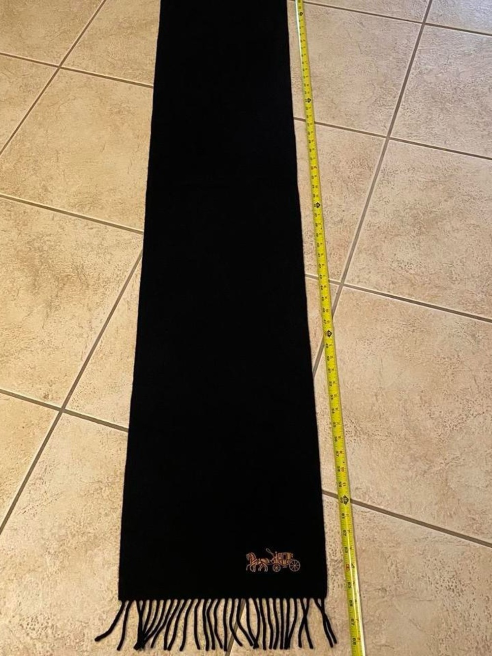 Coach Black Scarf with Gold Carriage Logo and Fringe - Picture 7 of 8